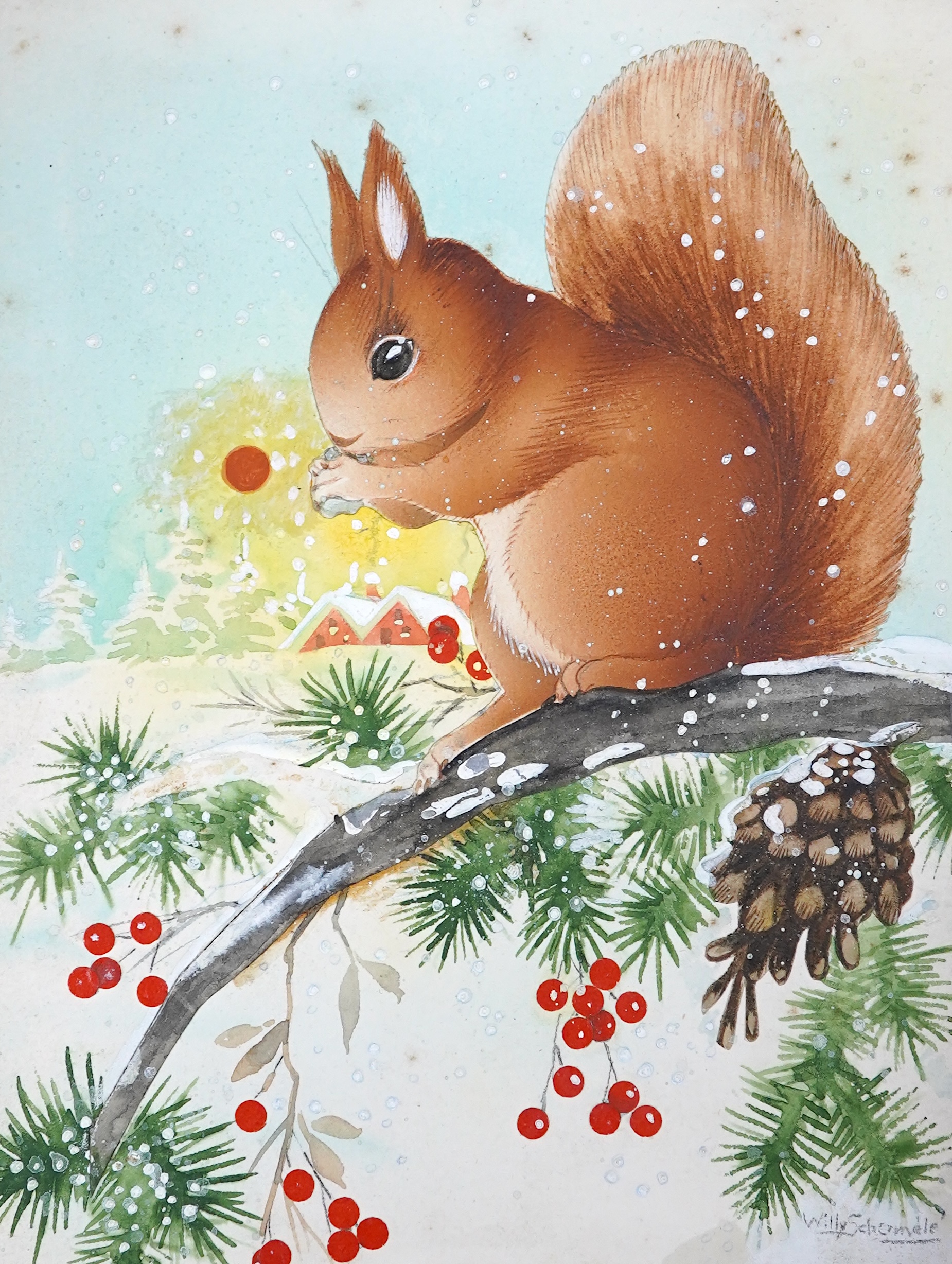 Willy Schermele (Illustrator, 1904-1995), nine original gouache and collages for Children's Christmas cards to include squirrel on a branch and robins & deer, each signed, largest 17 x 13cm, unframed. Condition - mostly